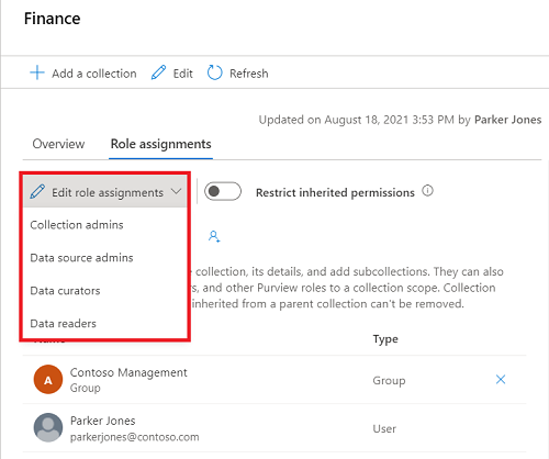 Screenshot della finestra di raccolta del portale di governance di Microsoft Purview, con l'elenco a discesa Modifica assegnazioni di ruolo selezionato.