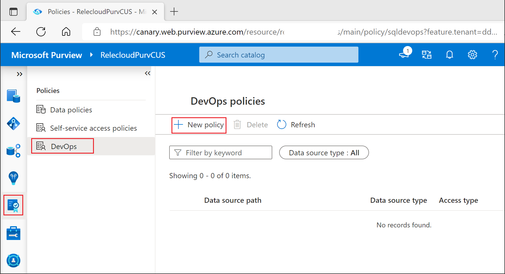 Screenshot che mostra il pulsante per la creazione di un nuovo criterio SQL DevOps.