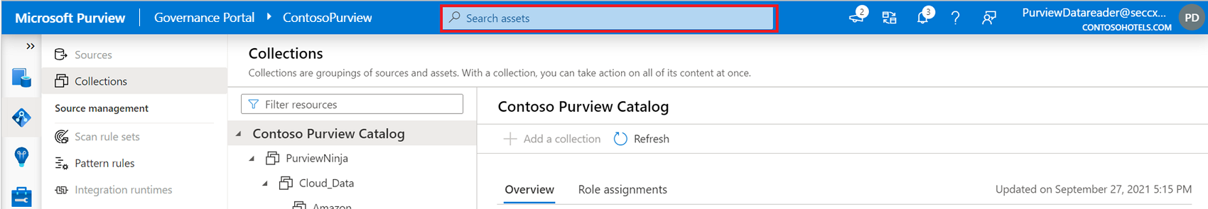 Screenshot che mostra la posizione della barra di ricerca di Microsoft Purview