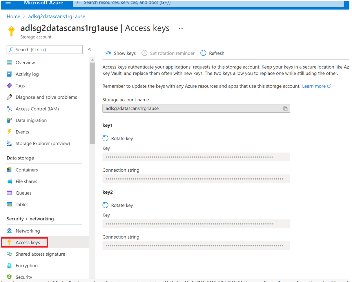 Screenshot che mostra le chiavi di accesso nell'account di archiviazione