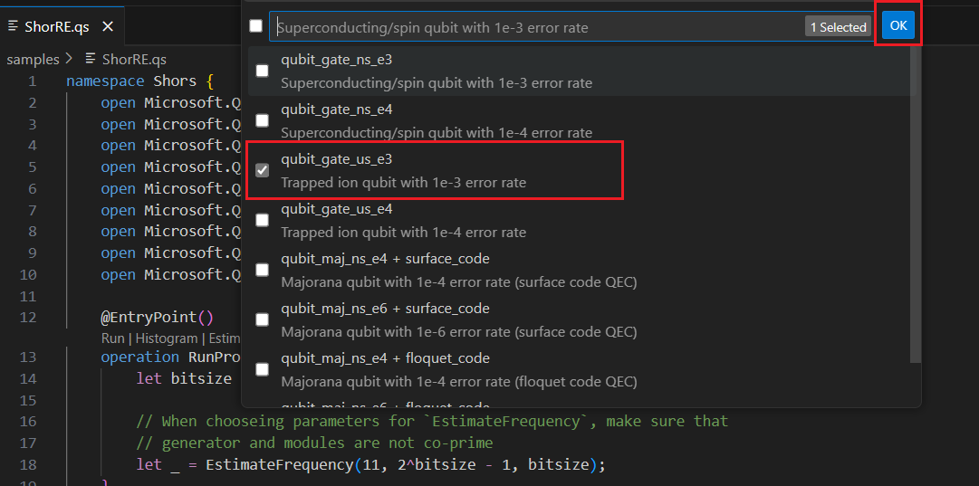 Screenshot che mostra come selezionare il parametro qubit dal menu stima delle risorse.