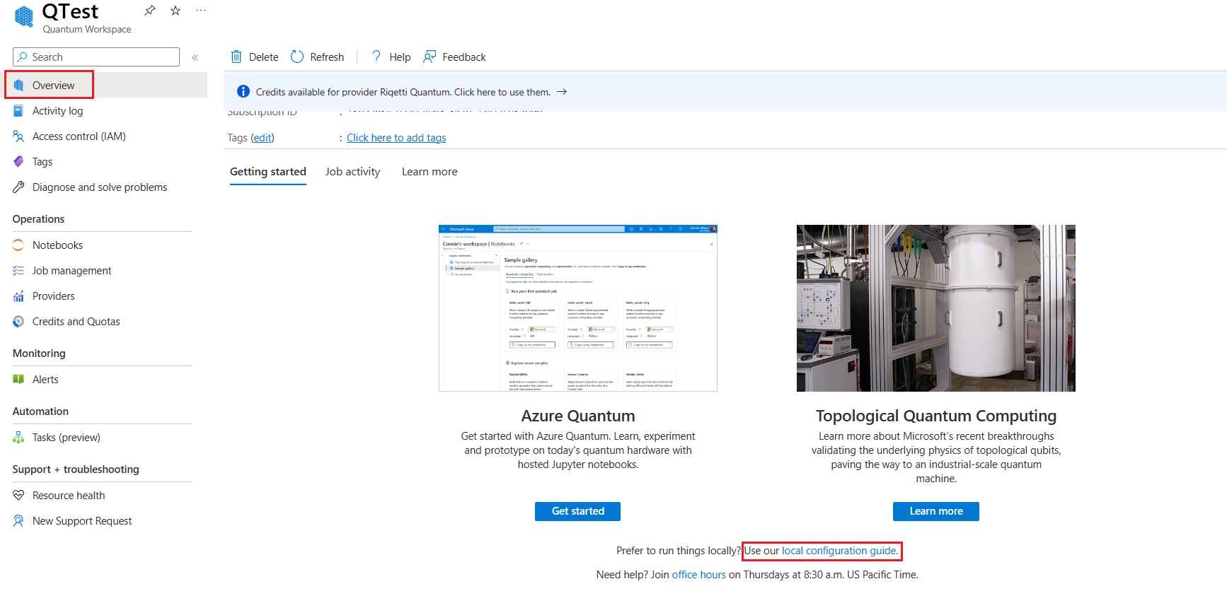 Screenshot di portale di Azure che mostra come trovare un collegamento a una guida di installazione della configurazione locale.
