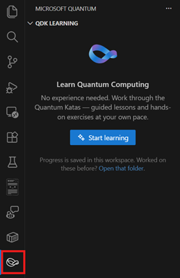 Screenshot di Visual Studio Code che mostra l'icona del Microsoft pannello Quantum. Il pannello include un pulsante Avvia apprendimento.
