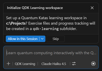 Screenshot Visual Studio Code che mostra il popup di inizializzazione dell'area di lavoro nel pannello di chat di QDK Learning Copilot. Il popup chiede se Copilot può creare una cartella QDK Learning. Sono disponibili pulsanti per consentire o ignorare la creazione della cartella.