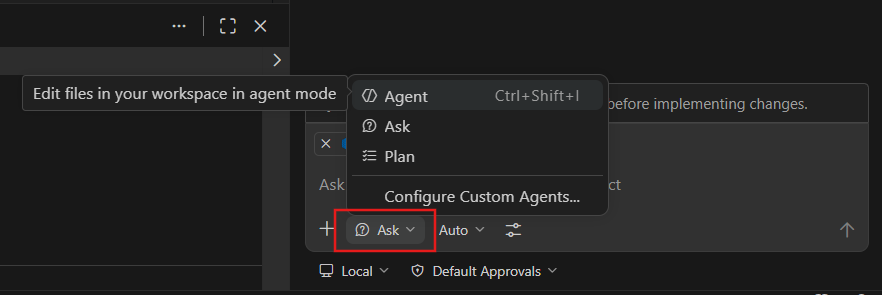 Screenshot che mostra l'icona di Set Agent nella casella di chat Copilot in Visual Studio Code.