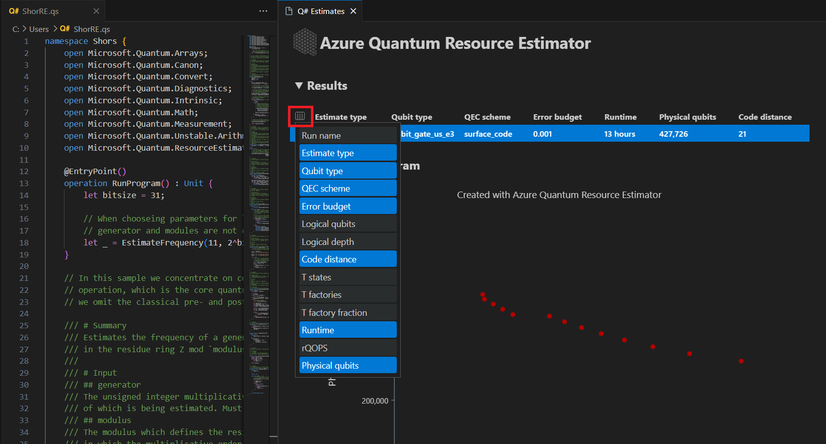 Screenshot che mostra come visualizzare il menu per selezionare gli output di stima delle risorse desiderati.