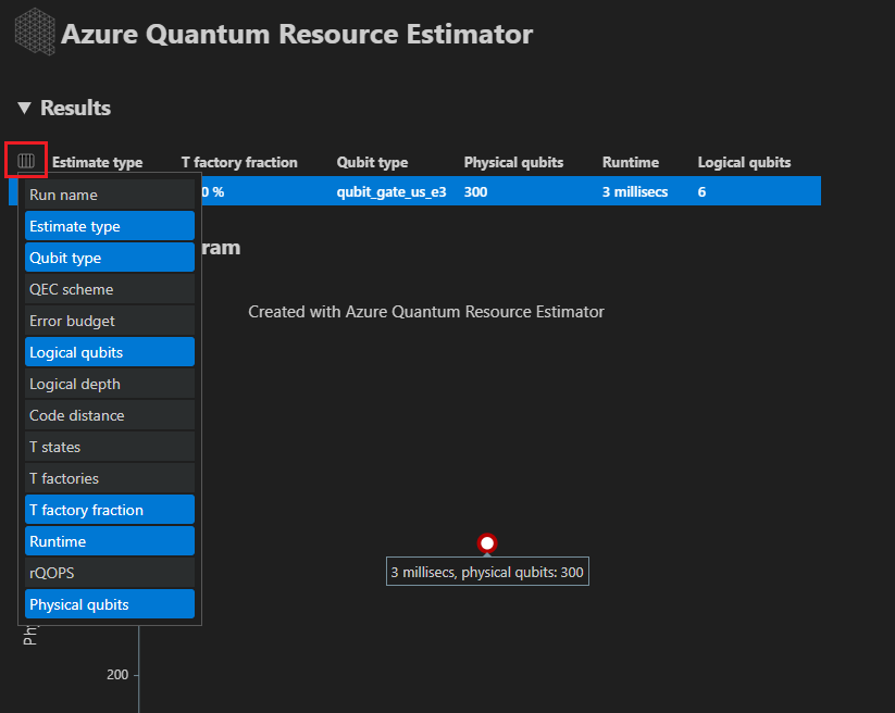Screenshot che mostra come visualizzare il menu per selezionare gli output di stima delle risorse desiderati.