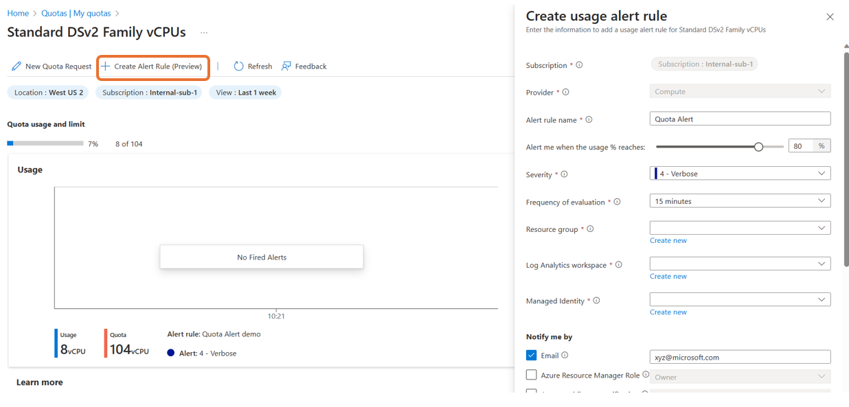 Screenshot showing create Alert rule screen with required fields.