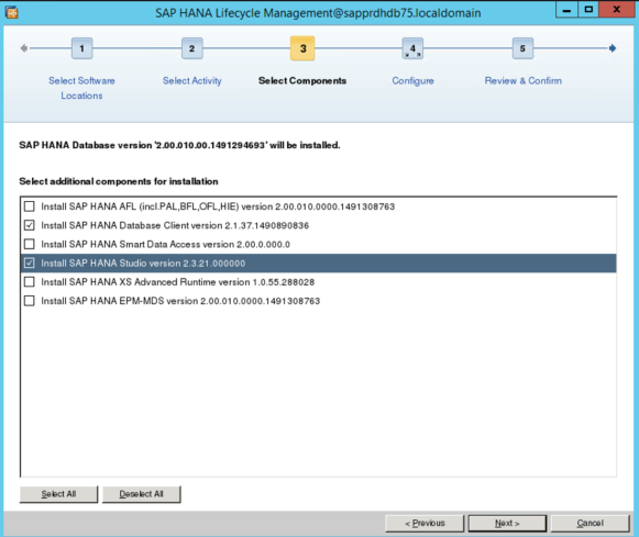 Screenshot della schermata di gestione del ciclo di vita di SAP HANA con l'elenco dei componenti aggiuntivi