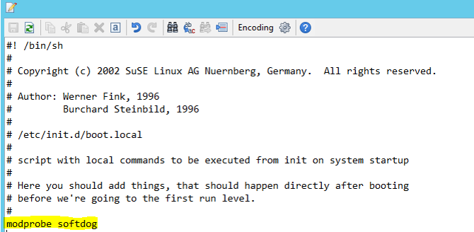 Screenshot che mostra un file di avvio con la riga softdog aggiunta.