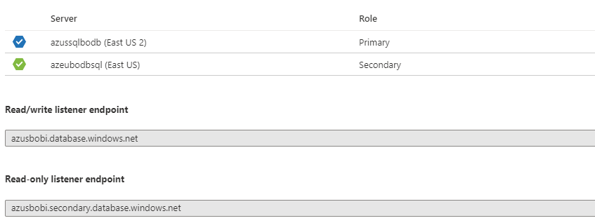 Screenshot che mostra i gruppi di failover automatico del database SQL.