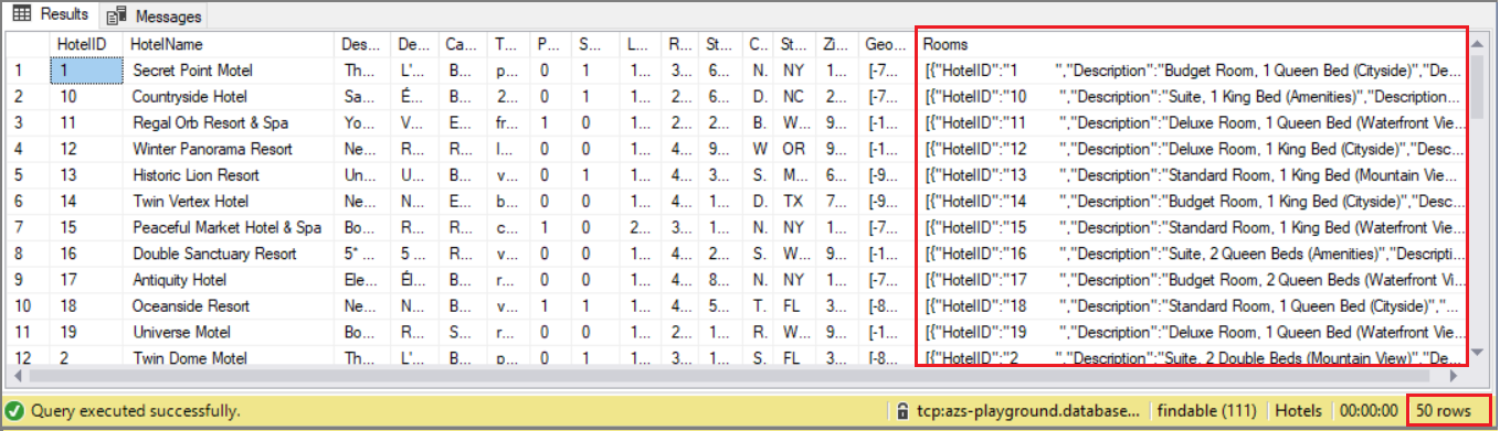 Set di righe dalla vista HotelRoom