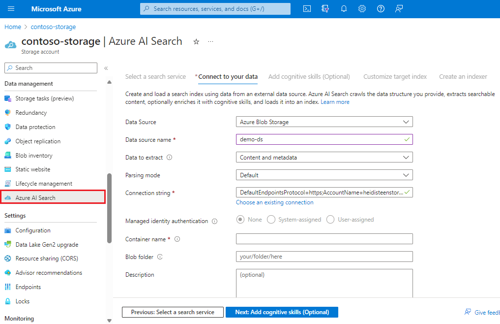 Screenshot of the Azure AI Search wizard in the Azure Storage portal page.
