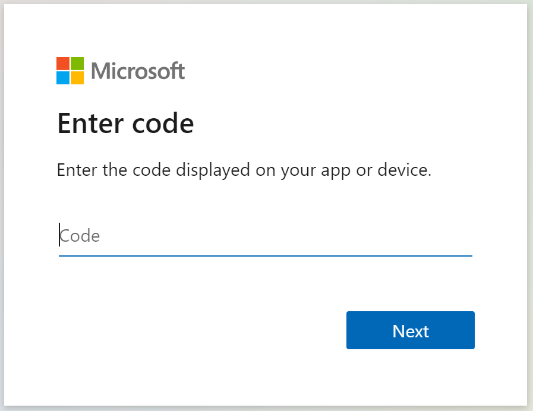 Screenshot che mostra come immettere un codice del dispositivo.