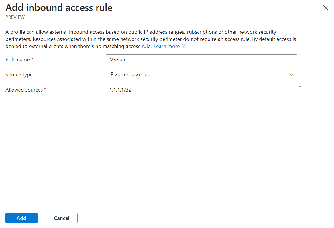 Screenshot della schermata compilata per aggiungere una regola di accesso al perimetro di sicurezza della rete in ingresso.