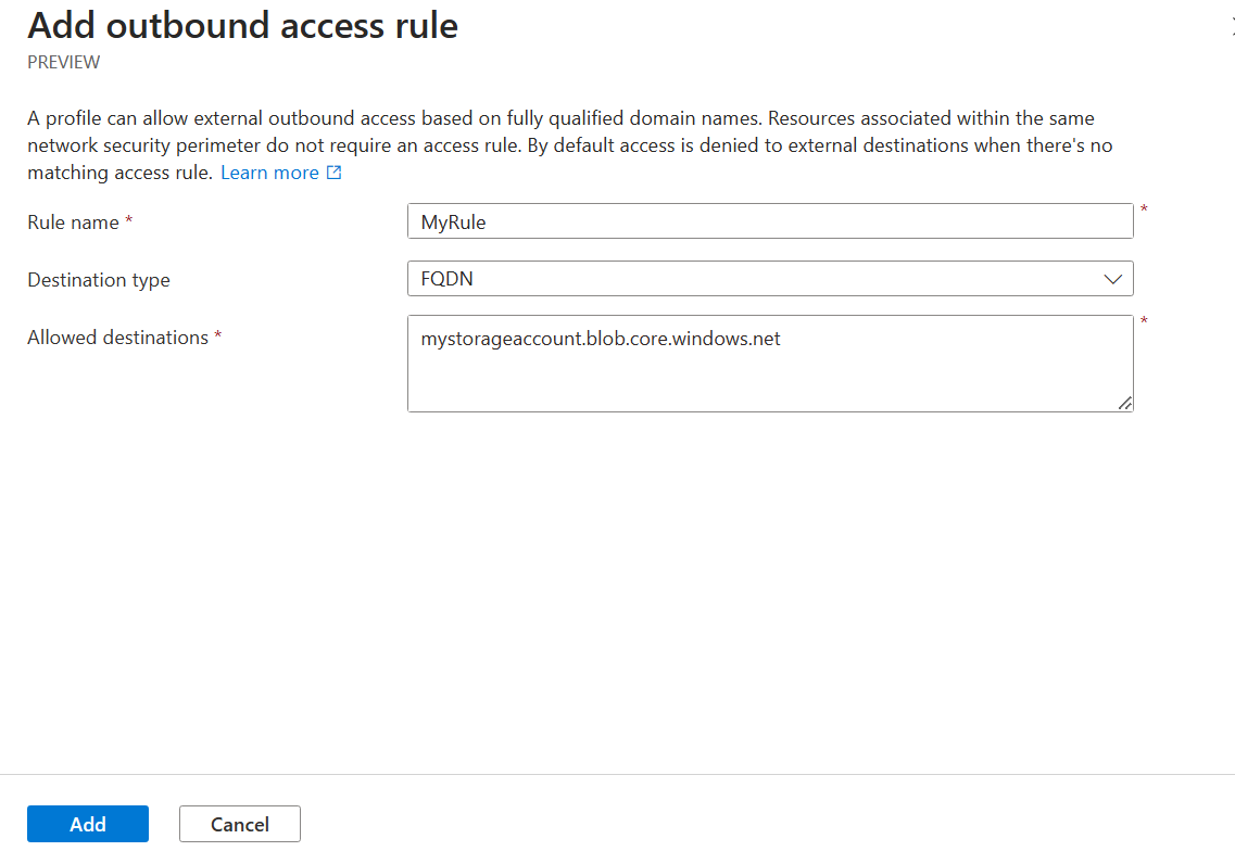 Screenshot dell'aggiunta della regola di accesso in uscita nel perimetro di sicurezza della rete con le opzioni compilate.