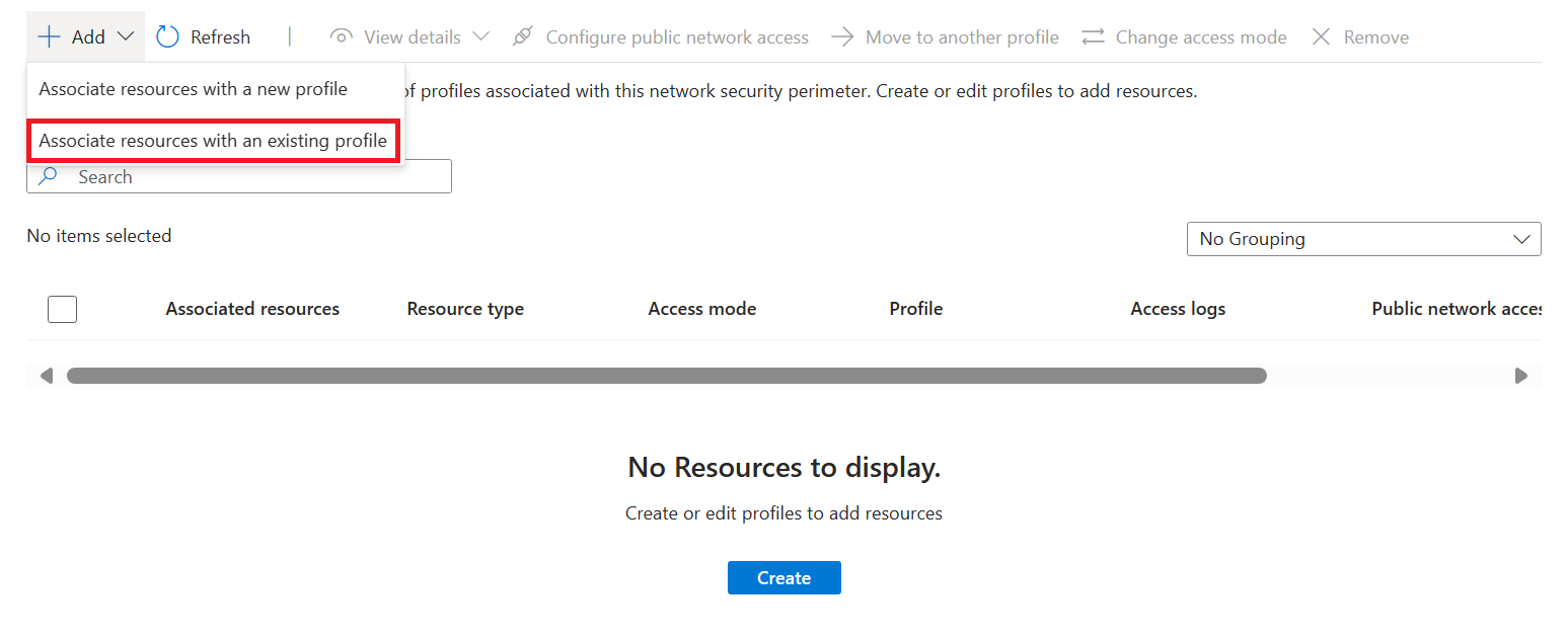Screenshot del pulsante per associare una risorsa al perimetro di sicurezza della rete.