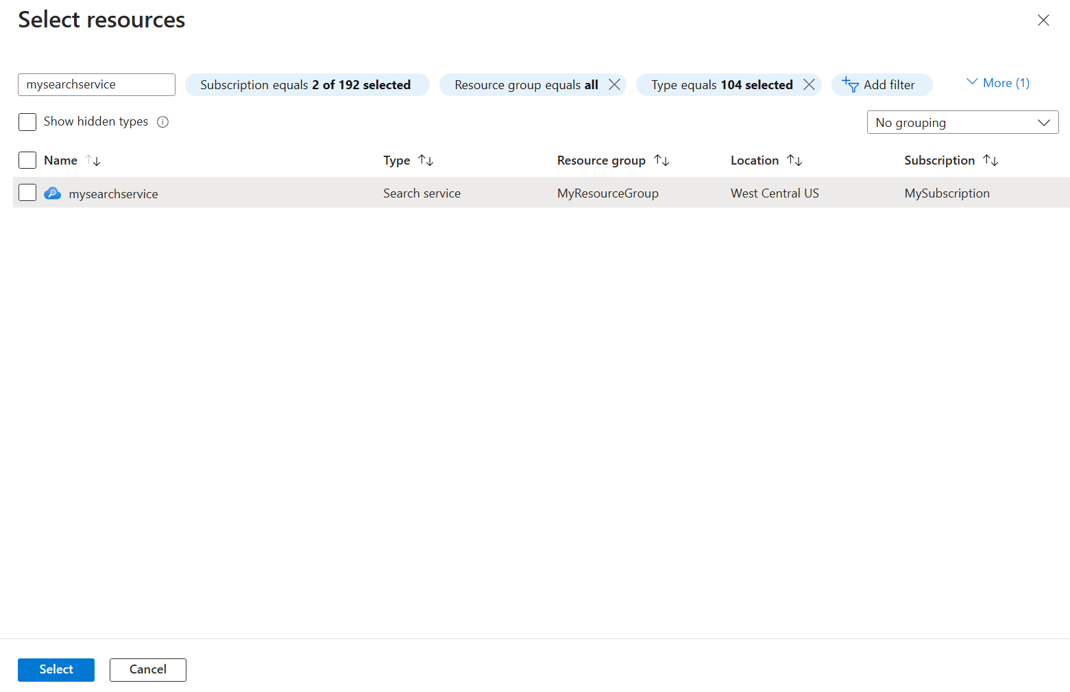 Screenshot del pulsante per associare una risorsa al perimetro di sicurezza della rete con la schermata Seleziona risorsa.