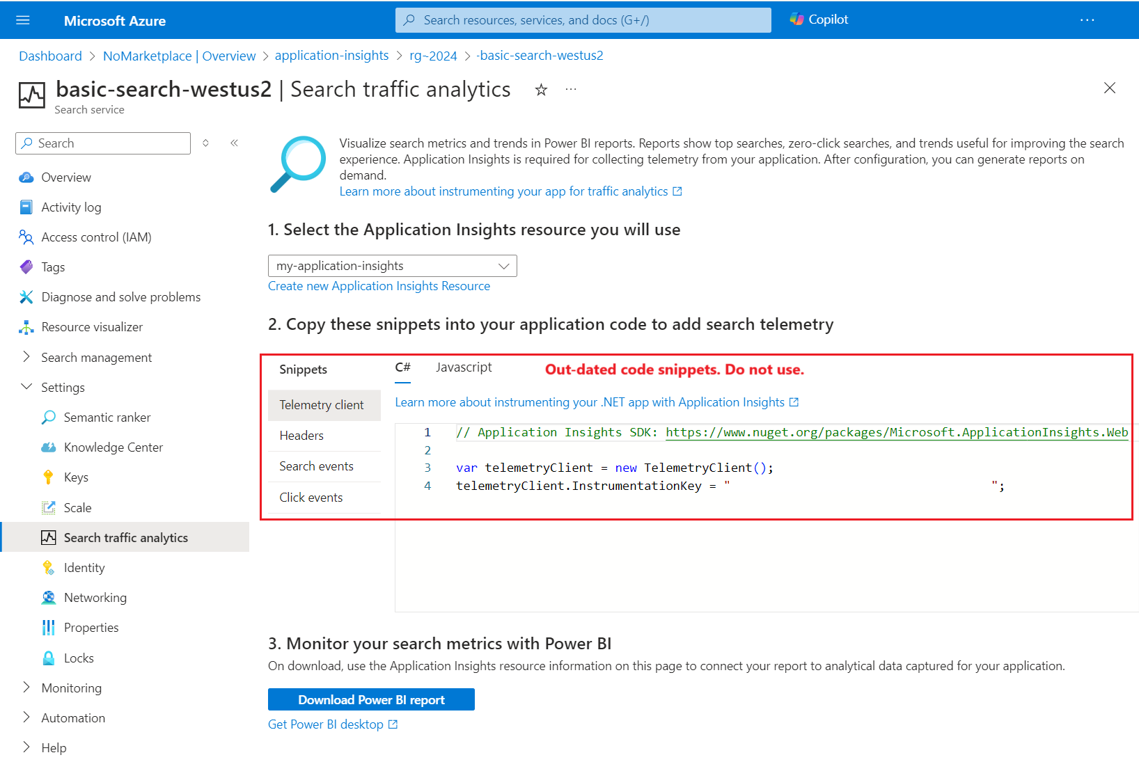 Screenshot del comando e della pagina del portale per la configurazione di Application Insights.