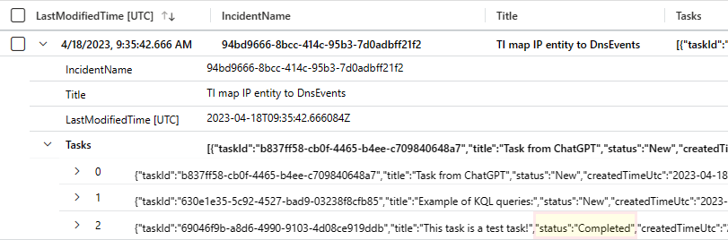 Screenshot dei risultati della query che mostra un'attività imprevista con il nuovo stato.