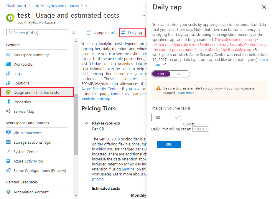 Screenshot che mostra la schermata Utilizzo e costi stimati e la finestra Limite giornaliero.