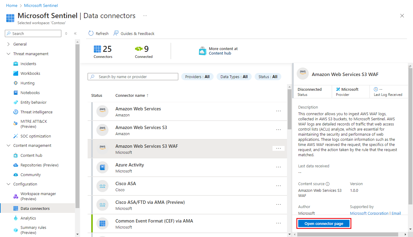 Schermata della raccolta dei connettori dati che mostra il connettore AWS S3 EKS.