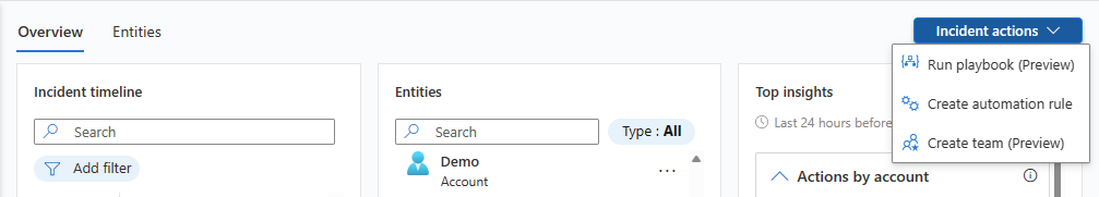 Screenshot del pulsante azioni incidente disponibile nella pagina dei dettagli dell'incidente.
