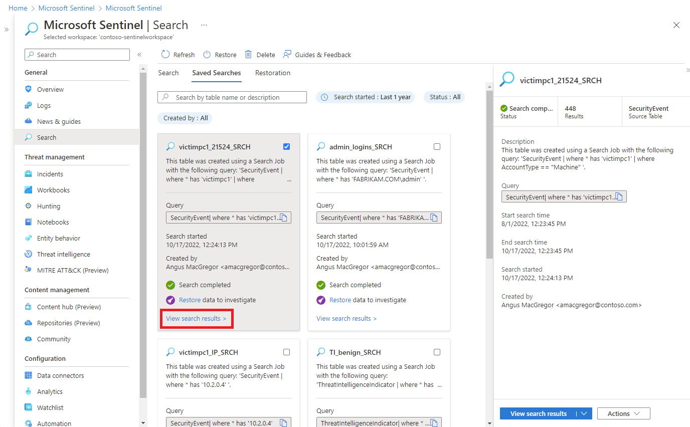 Screenshot che mostra il collegamento per visualizzare i risultati della ricerca nella parte inferiore della scheda del processo di ricerca.