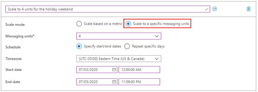 scalare a unità di messaggistica specifiche - date di inizio e fine