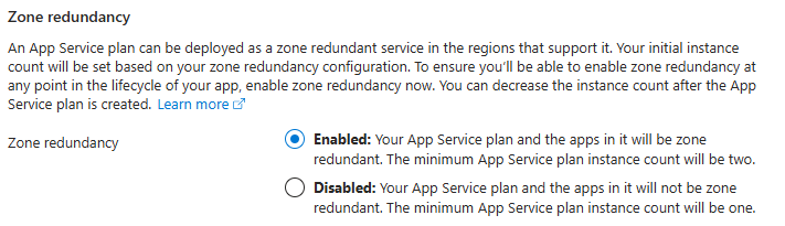 Screenshot del portale di Azure, con l'abilitazione della ridondanza della zona in Servizi app.
