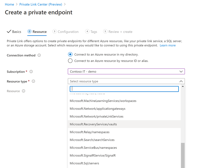 Shows the Resource tab, resource type, resource, and target sub-resource fields for linking to a private endpoint in the Azure portal.