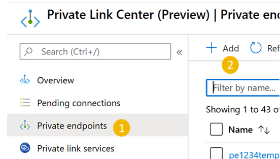 Shows creating a private endpoint in the Private Link Center.