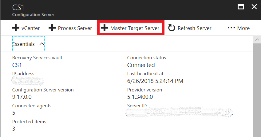 Screenshot che mostra il pulsante Aggiungi Server di destinazione master