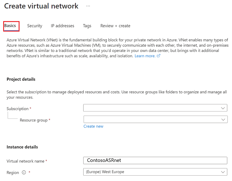 Screenshot che mostra le opzioni Crea rete virtuale.