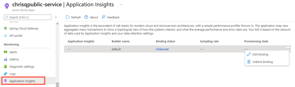 Screenshot of the Azure portal Azure that shows the Azure Spring Apps instance with the Application Insights page and the 'Edit binding' option.