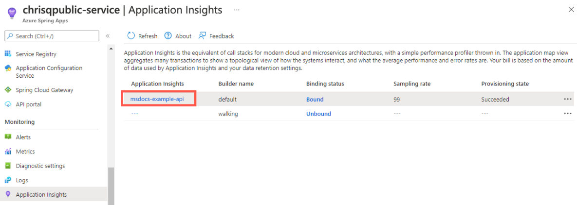 Screenshot of the Azure portal that shows the Azure Spring Apps instance with the Application Insights page.