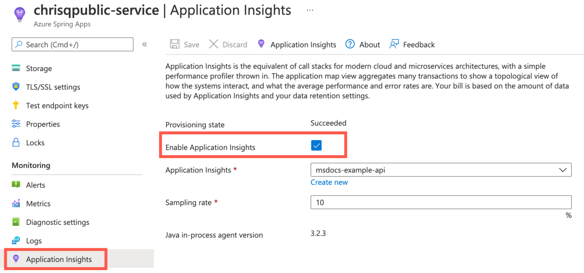 Screenshot of the Azure portal that shows the Azure Spring Apps instance with Application Insights page and Enable Application Insights checkbox highlighted.