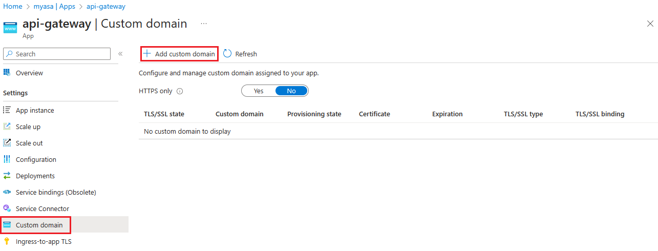 Screenshot del portale di Azure che mostra la pagina Dominio personalizzato.