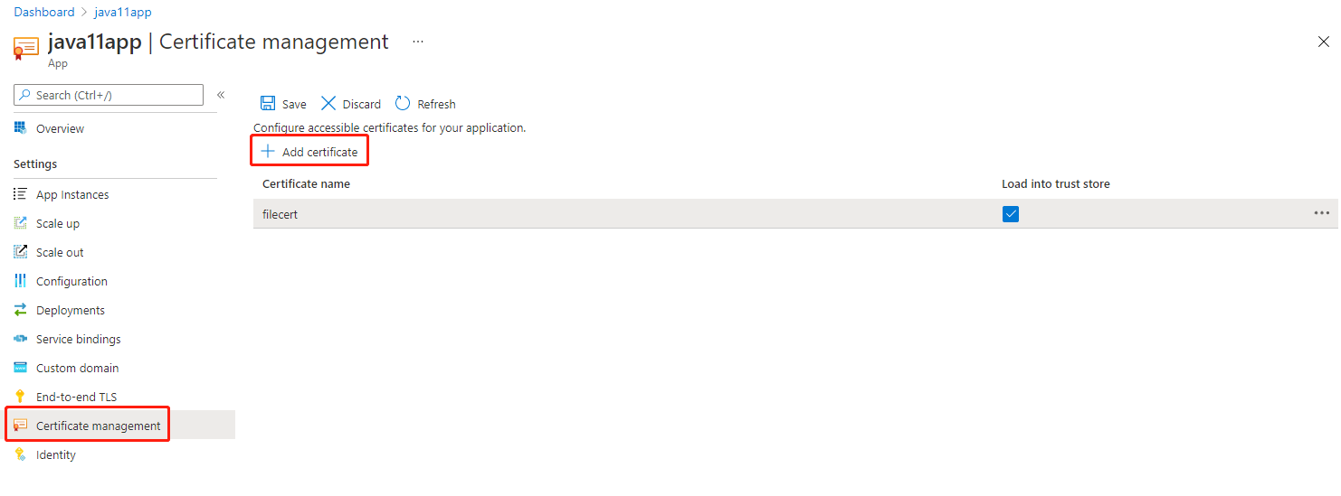 Screenshot del portale di Azure che mostra la pagina Gestione certificati con il pulsante Aggiungi certificato evidenziato.