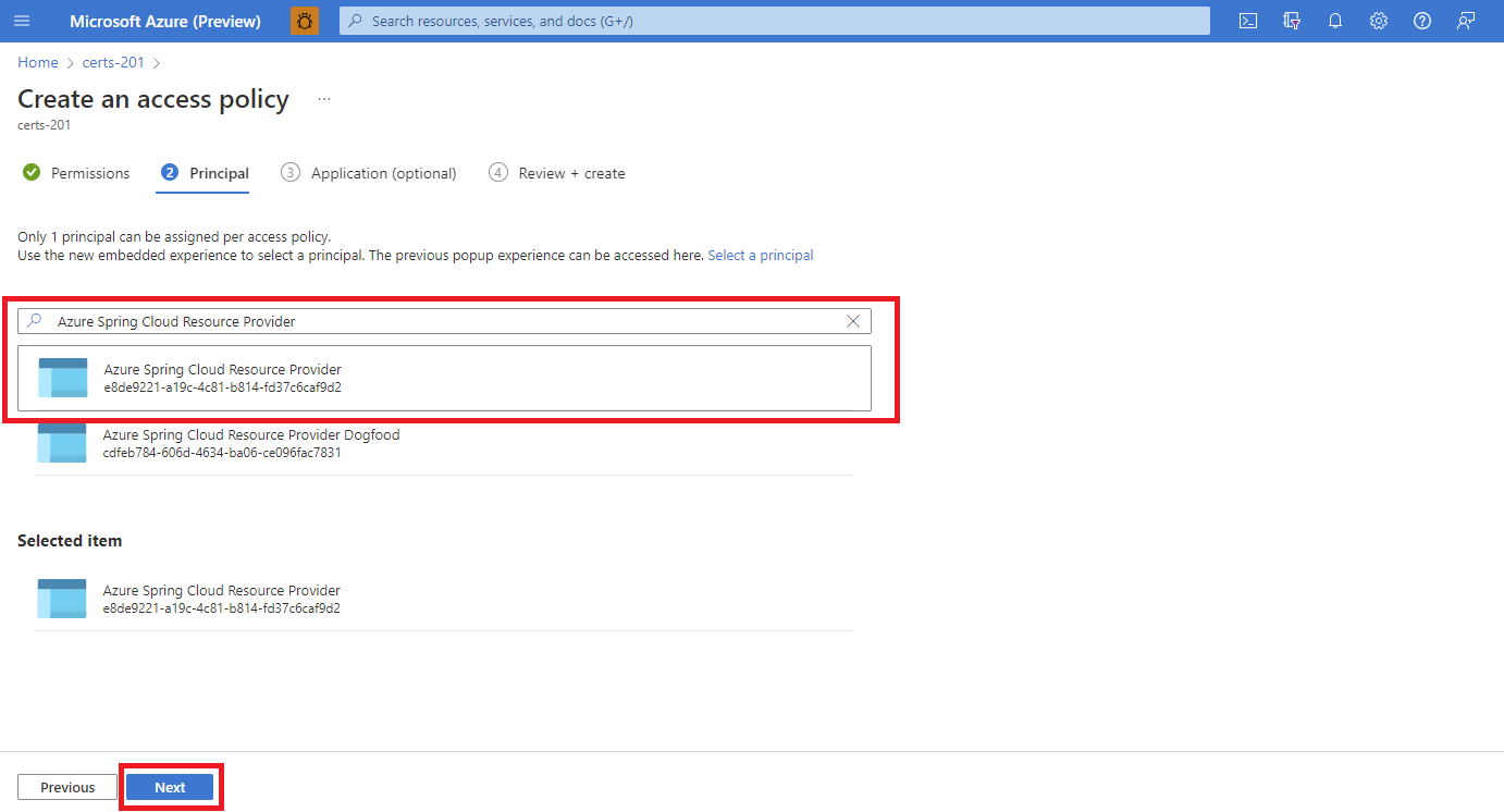 Screenshot del portale di Azure che mostra la scheda Entità della pagina Crea criteri di accesso con Provider di risorse Azure Spring Cloud evidenziato.