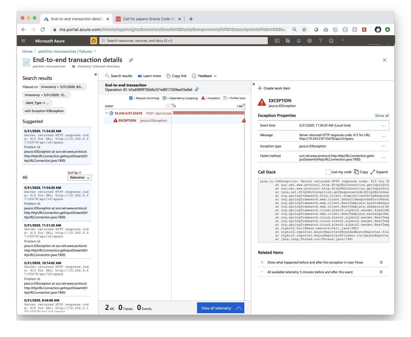 Screenshot del portale di Azure che mostra la pagina dei dettagli delle transazioni end-to-end con i dettagli dell'eccezione e lo stack di chiamate.