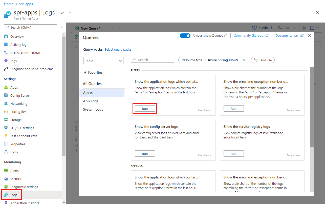 Screenshot del portale di Azure che mostra il riquadro Log con la pagina Query aperta ed Esegui evidenziata.