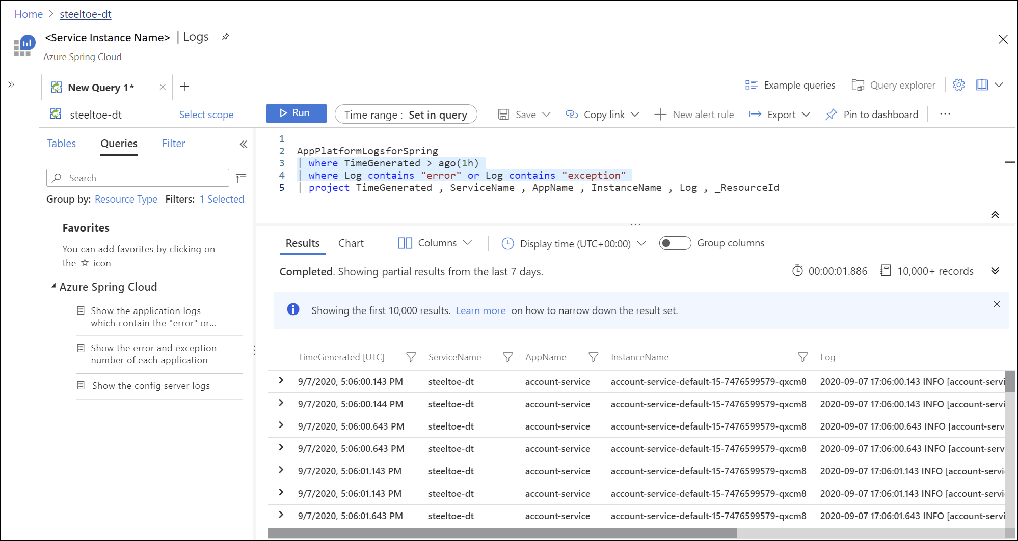 Screenshot del portale di Azure che mostra il risultato della query di Log Analytics.