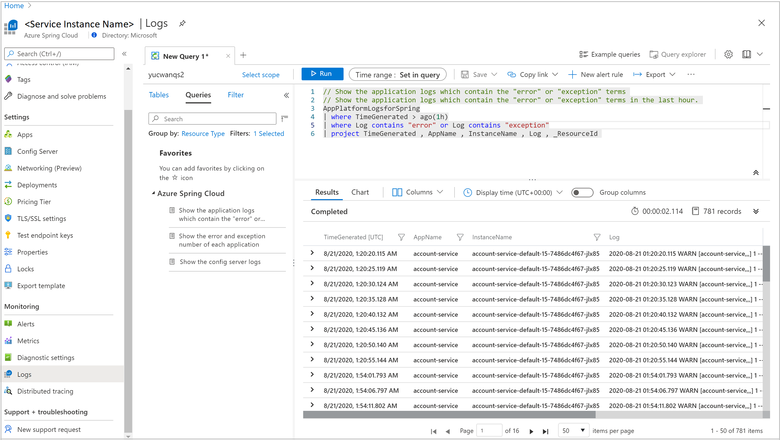 Screenshot del portale di Azure che mostra il risultato della query dei log filtrati.