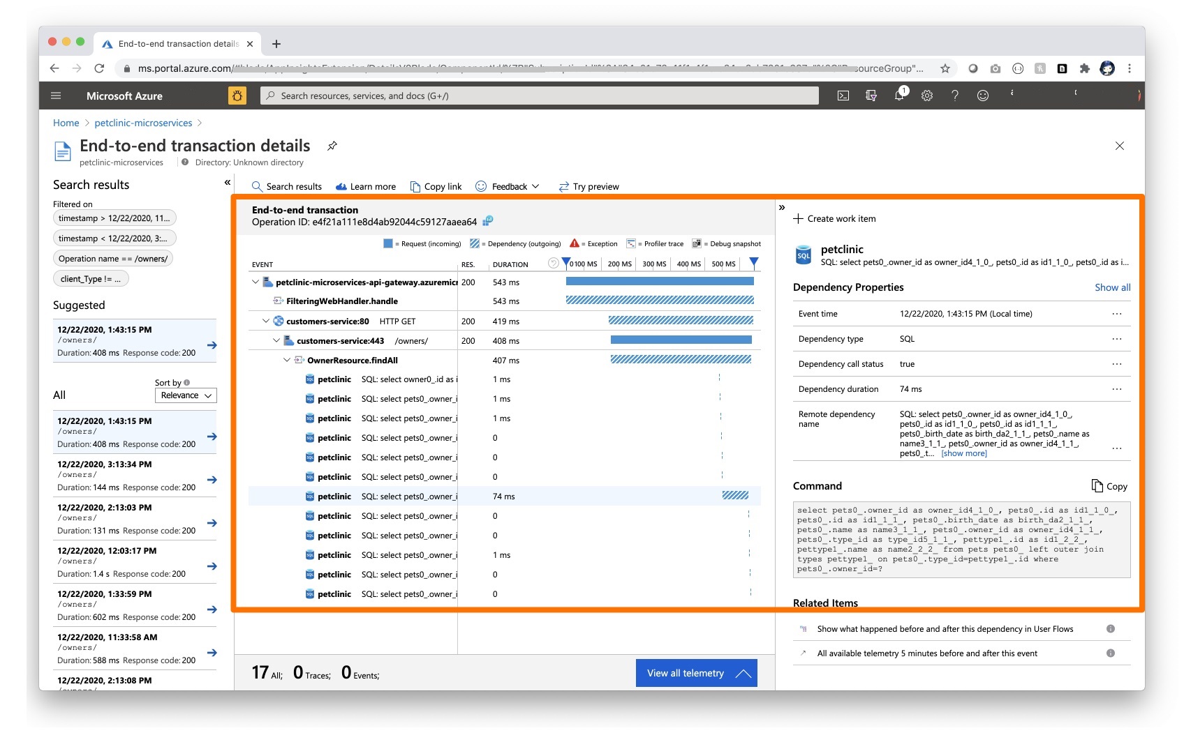 Screenshot del portale di Azure che mostra la pagina dei dettagli delle transazioni end-to-end.