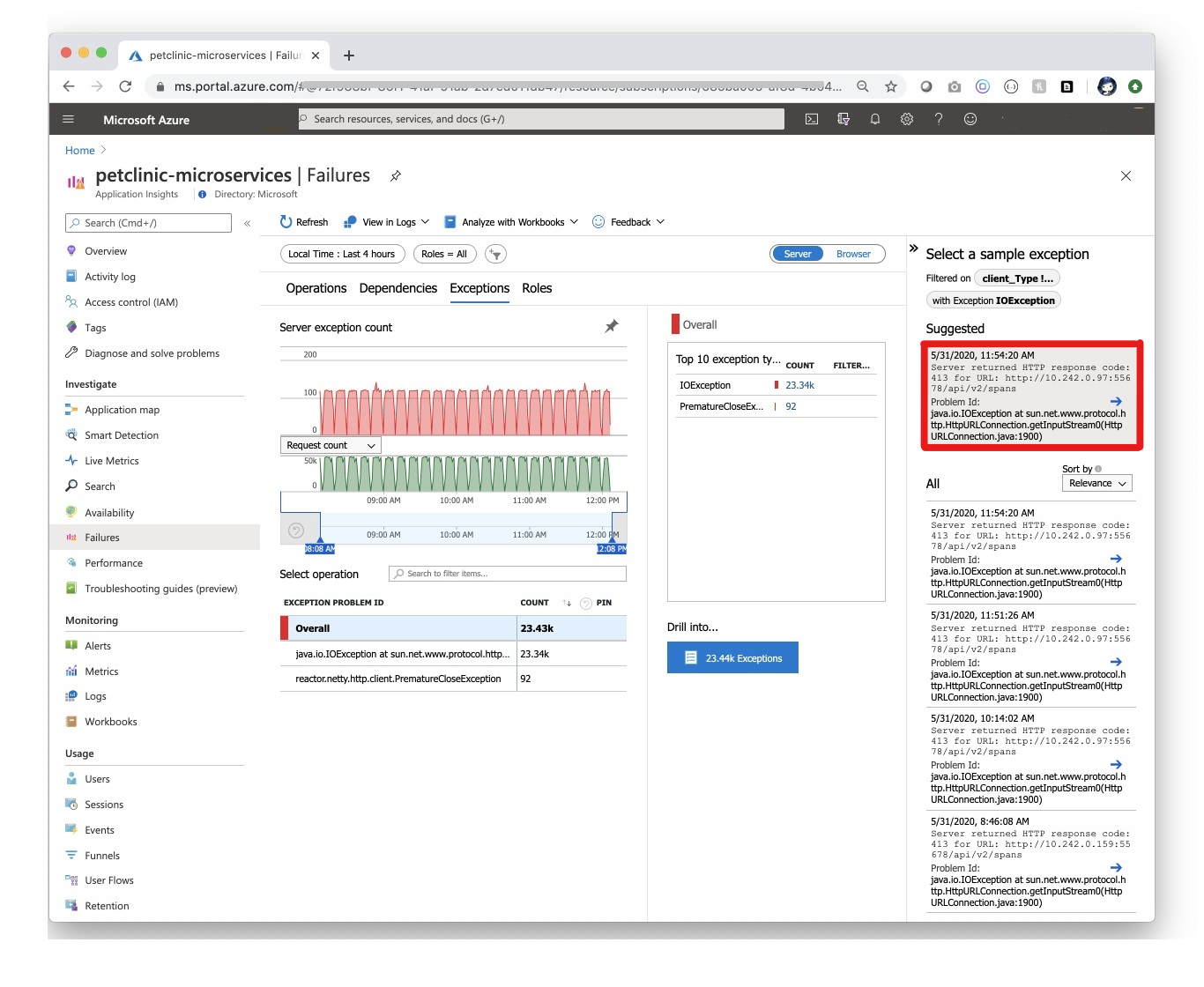 Screenshot del portale di Azure che mostra la pagina Errori di Application Insights.