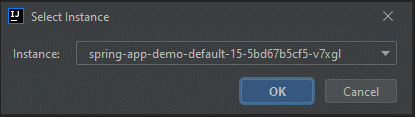 Screenshot di IntelliJ che mostra la finestra di dialogo Seleziona istanza.
