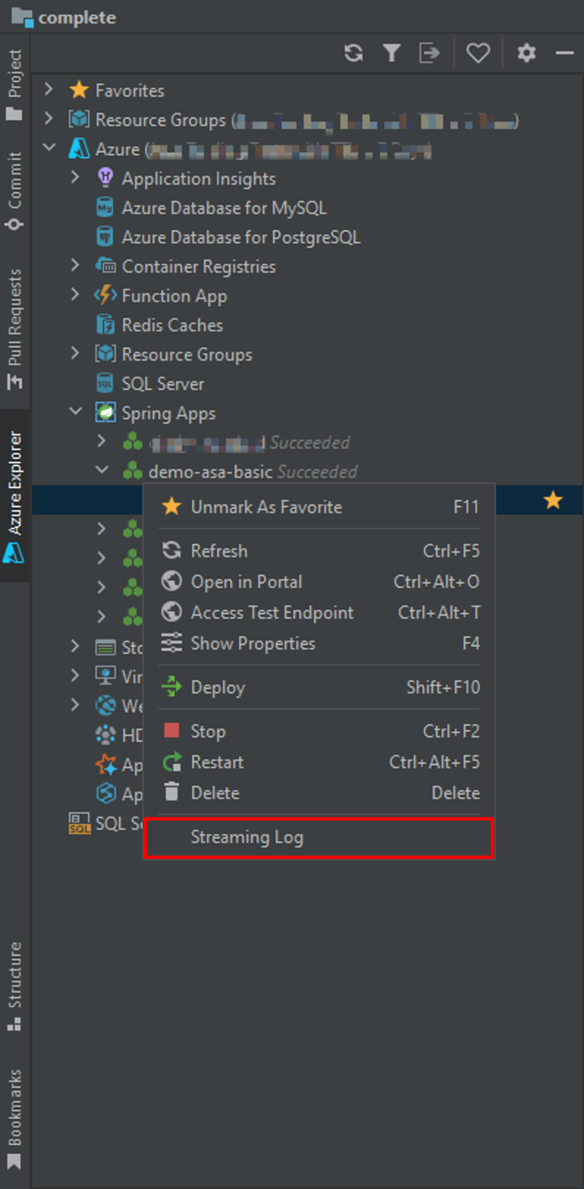 Screenshot di IntelliJ che mostra il riquadro Azure Explorer con il menu di scelta rapida aperto e l'opzione Streaming Logs evidenziata.