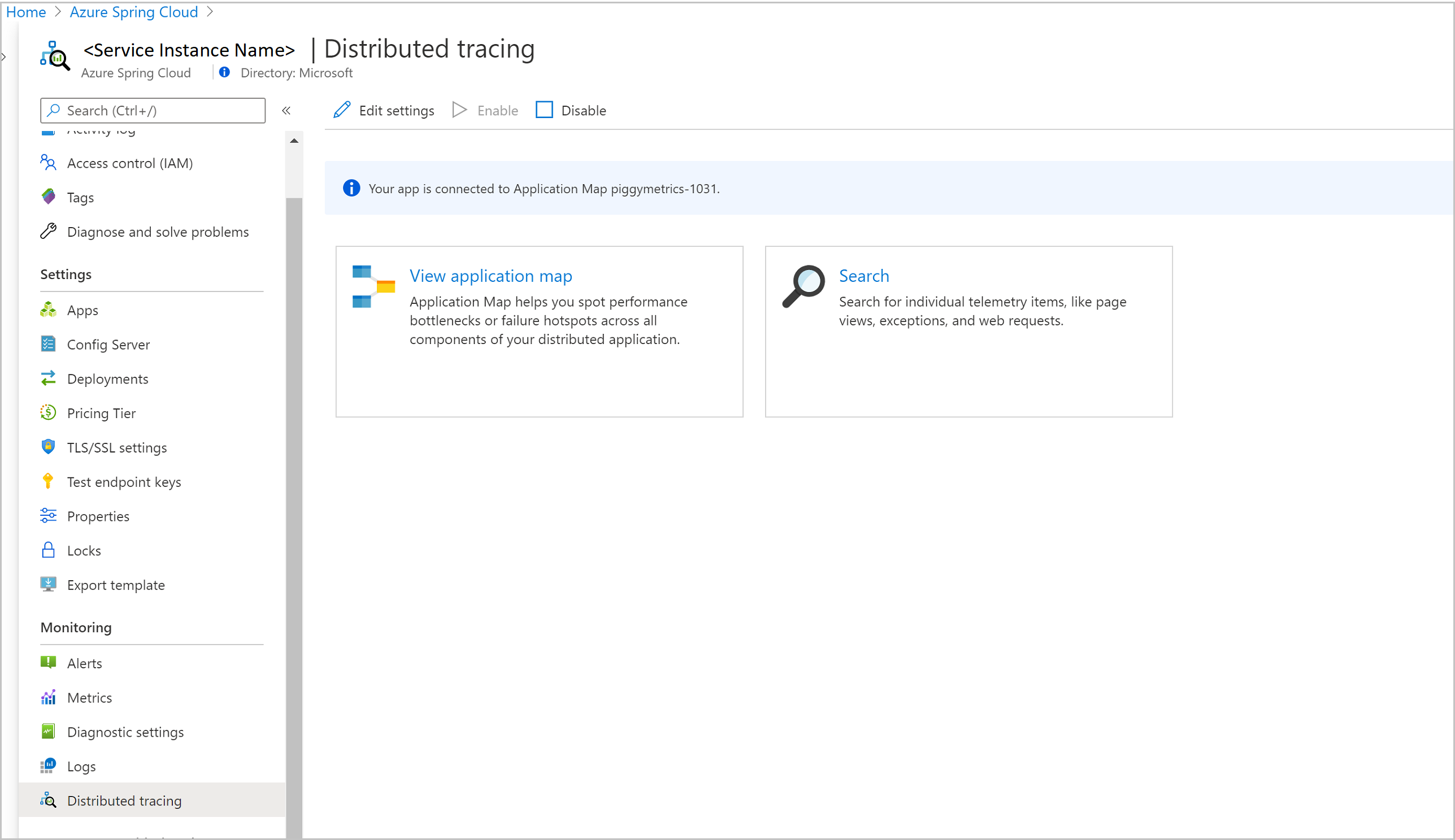 Screenshot del portale di Azure che mostra la pagina Traccia distribuita.
