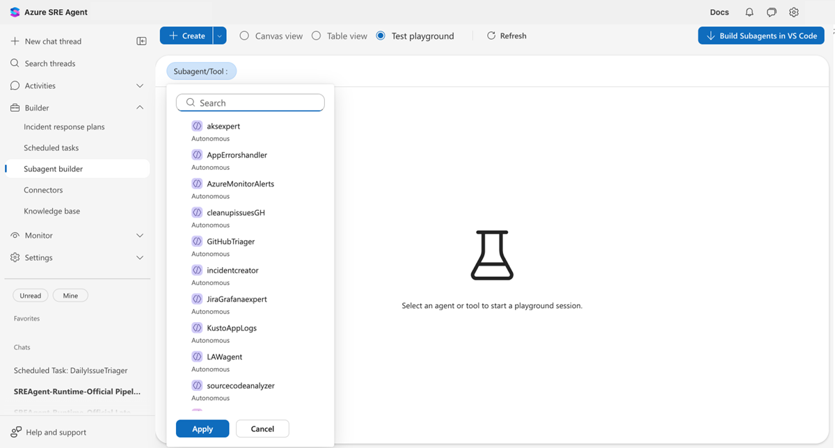 Screenshot dell'elenco a discesa del selettore di entità che mostra i subagenti e gli strumenti disponibili per il test.